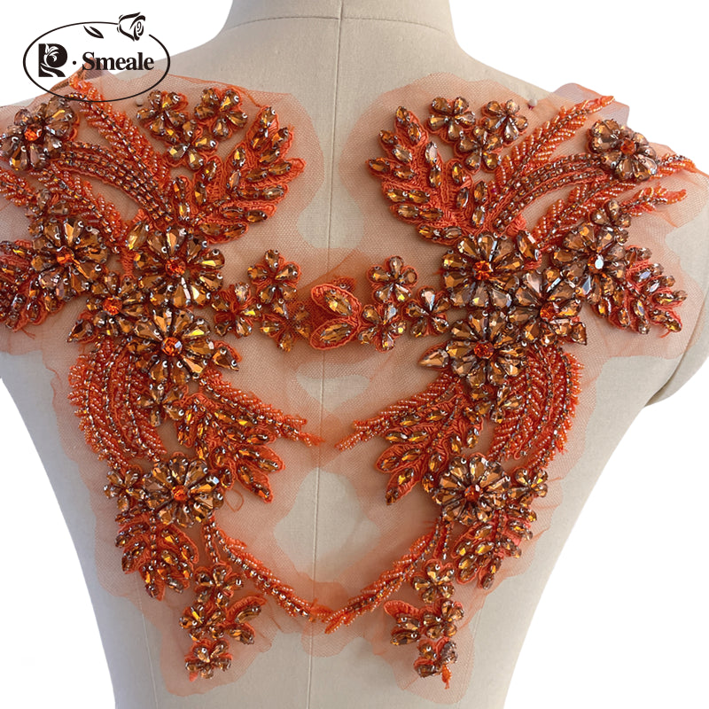 Handmade Rhinestone Flower Patches – 1 Pair Sparkling Mirror Glass Appliques for Gowns & Accessories