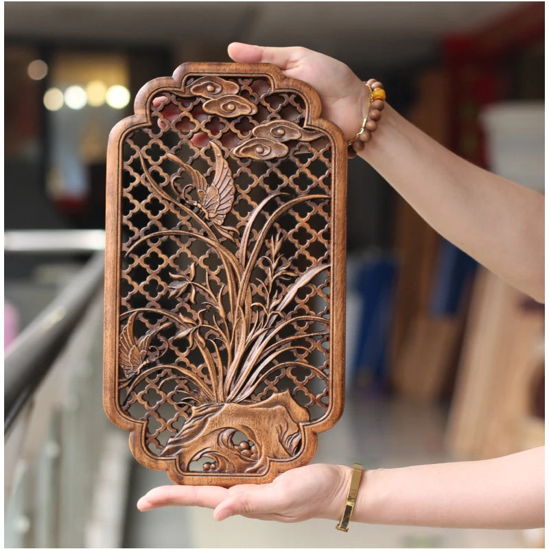 Handcrafted Camphor Wood Carving Wall Art – Chinese Classical Hollow Design for Elegant Home Decoration