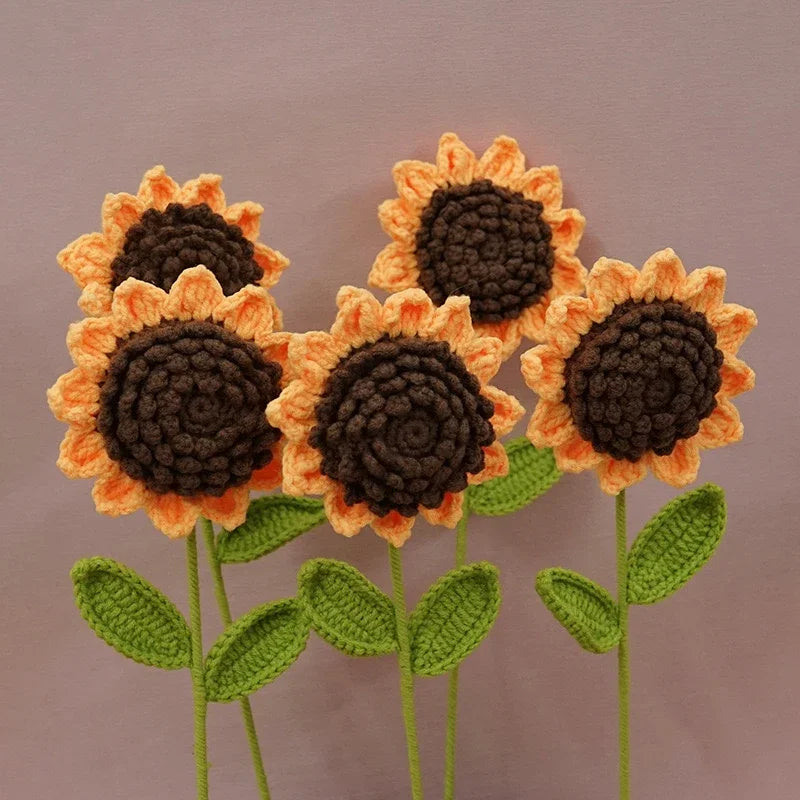 Handmade DIY Wool Crocheted Sunflowers High Simulation Artificial Fake Flowers Home Decoration Ornaments Finished Goods Bouquet