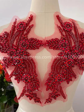 Handmade Rhinestone Flower Patches – 1 Pair Sparkling Mirror Glass Appliques for Gowns & Accessories