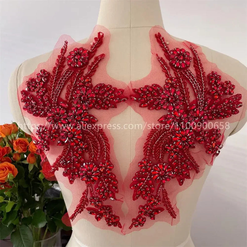 Handmade Rhinestone Flower Patches – 1 Pair Sparkling Mirror Glass Appliques for Gowns & Accessories