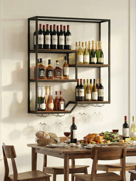 Wall Mounted Wine Rack 6-Tier Hanging Bar Shelf with Bottle Display Shelf and Glass Holder-Rustic Brown