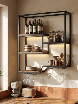Wall Mounted Wine Rack 6-Tier Hanging Bar Shelf with Bottle Display Shelf and Glass Holder-Rustic Brown