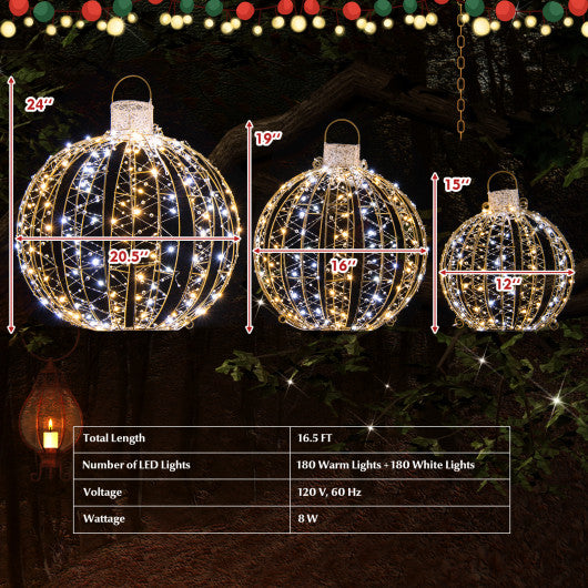3-Piece Pre-Lit Pop up Christmas Ball Set with Warm White LED Lights