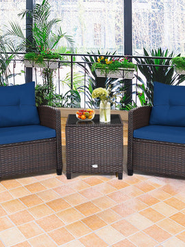 3 Pcs Patio Rattan Furniture Set Cushioned Conversation Set Coffee Table-Navy