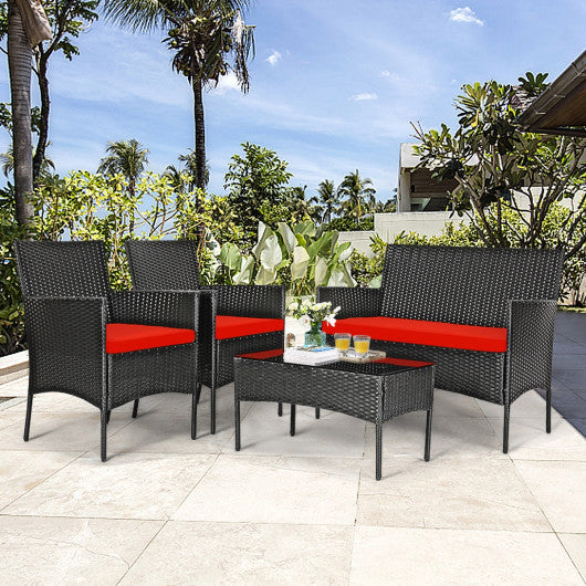 4 Pcs Patio Rattan Cushioned Sofa Furniture Set with Tempered Glass Coffee Table-Red