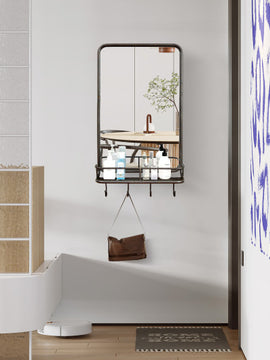 Wall Bathroom Mirror with Shelf Hooks Sturdy Metal Frame for Bedroom Living Room
