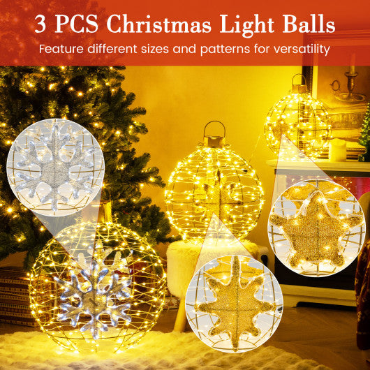 3-Piece Pre-Lit Pop up Christmas Ball Set with Warm White LED Lights
