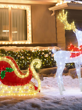 LED Lighted Christmas Reindeer and Santas Sleigh