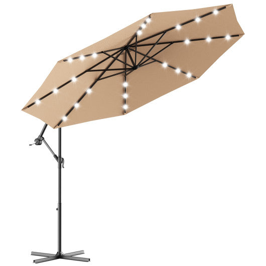 10 Feet Patio Hanging Solar LED Umbrella Sun Shade with Cross Base-Beige