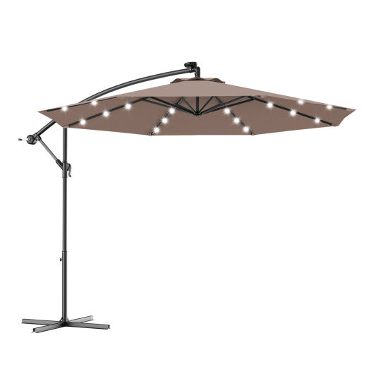 10 Feet Patio Hanging Solar LED Umbrella Sun Shade with Cross Base-Tan