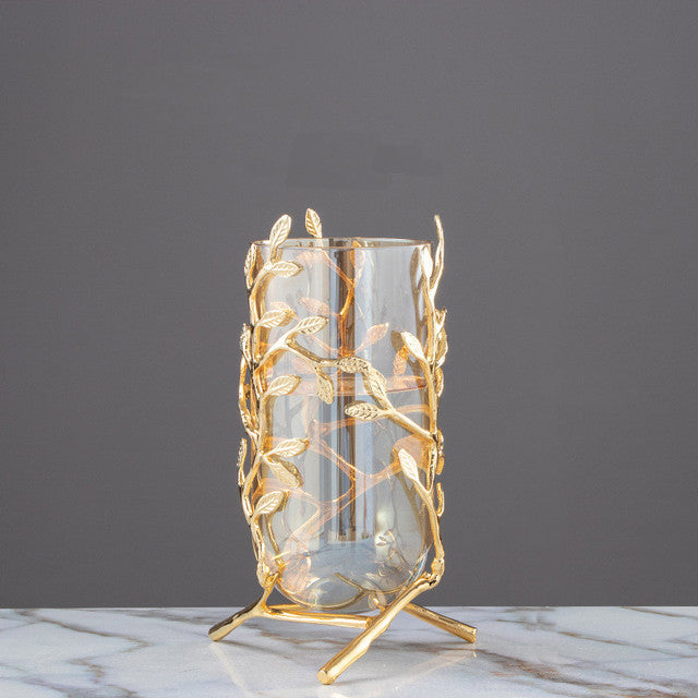 Transparent Glass Vase With Subtle Gold Metal Frame Branches For Flower Vase Flower Arrangement Or To Keep Hydroponics For Home Decoration