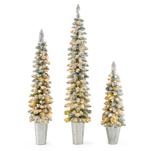 Set of 3 Potted Artificial Christmas Tree with Silver Metal Buckets