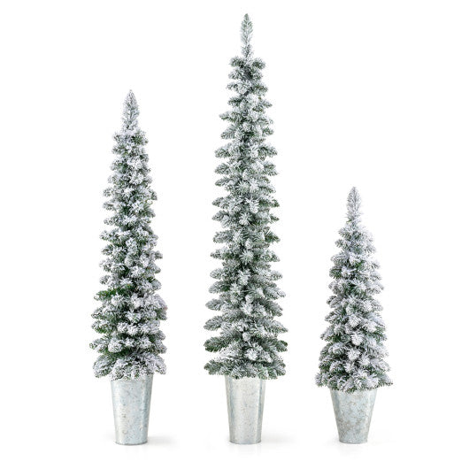 Set of 3 Potted Artificial Christmas Tree with Silver Metal Buckets