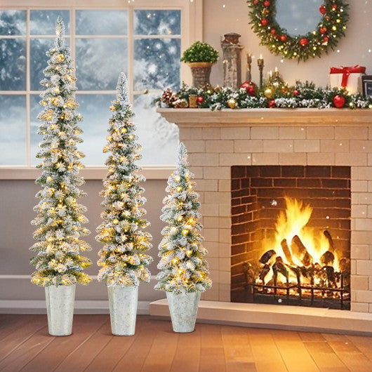 Set of 3 Potted Artificial Christmas Tree with Silver Metal Buckets