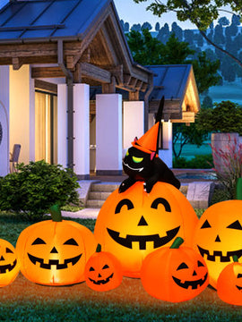 7.5 Feet Inflatable Halloween Pumpkin Combo With Witch Black Cat
