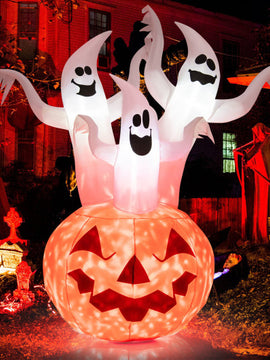 Inflatable 6 Feet Halloween Three White Ghosts With Rotating Lamp And Pumpkin Decor