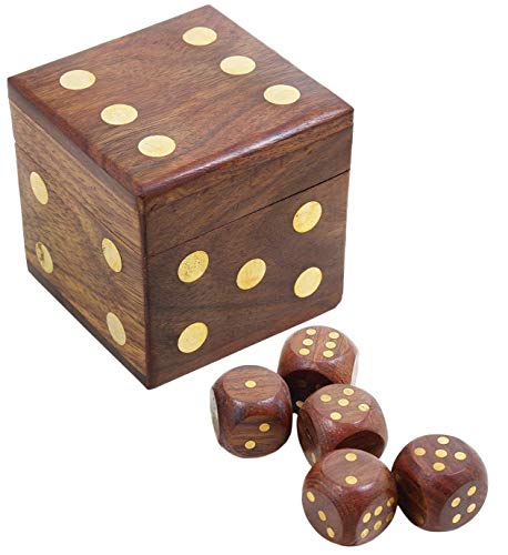 WILLART Dice Box Set of 5 Dices Casino Ludo Snake Ladder Game Complete Handmade Vintage 20 MM Brown with Wooden Storage Box Handmade (Square) for Any Age Group - WILLART Home Decor
