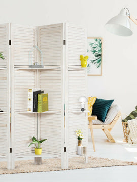 4 Panel Folding Room Divider Screen with 3 Display Shelves