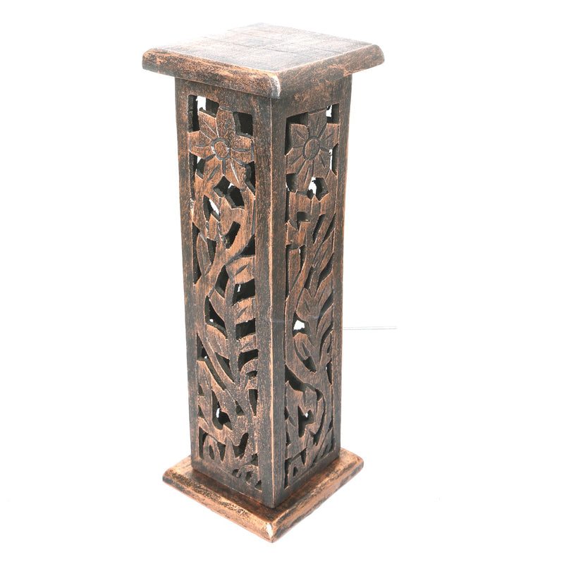 Four Wooden Incense Holder Tray With Carved Flower Design
