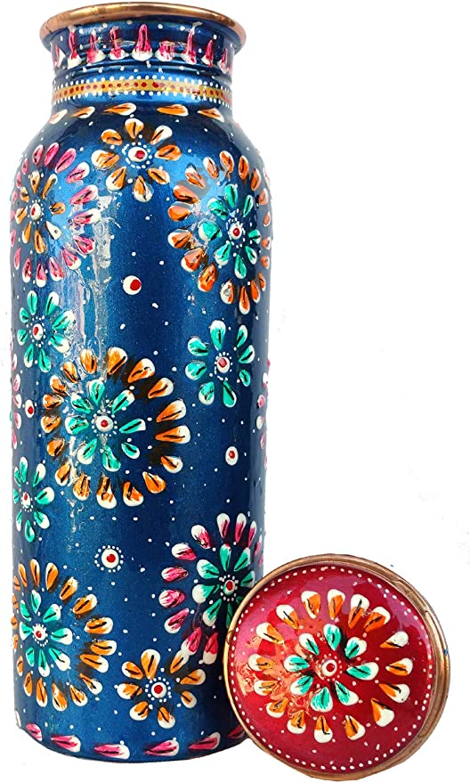 Capacity 500 ml Pure Copper Hand Painted Bottle for Water Storage Blue & Red Set of 2