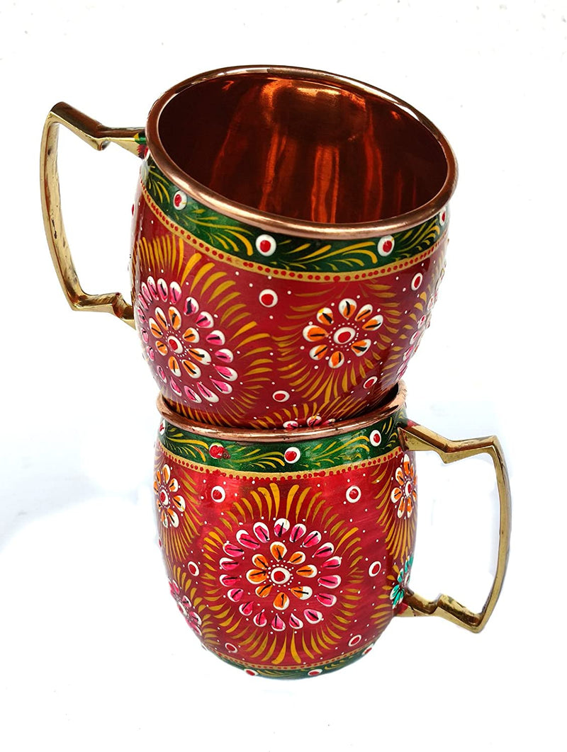 Red Handmade Mug Pure Copper Has A Hand Painted Outer Of Art Work