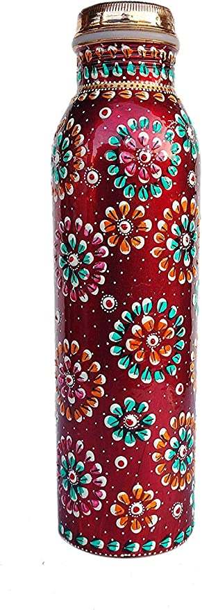 Red Color Copper Bottle Hand Painted Capacity - 950 Ml/33 Oz For Water Storage