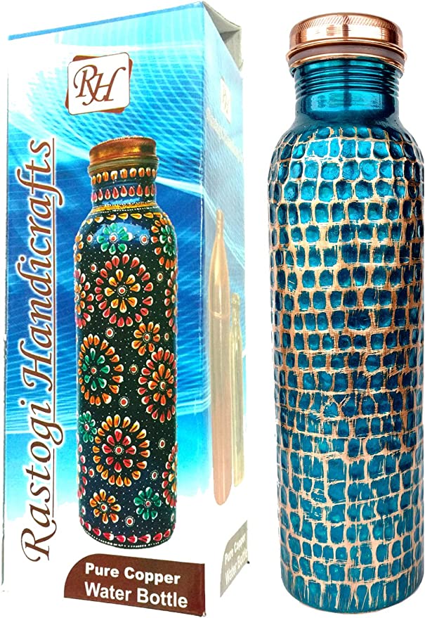 Blue Hand Hammered Textured Design Copper Bottle Of 33oz / 950 Ml Capacity For Drinking Water