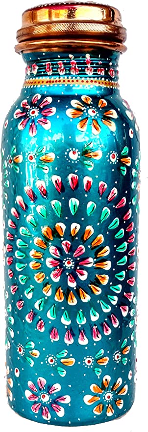 Hand Painted Pure Copper Bottle For Water Storage With Capacity 500 ml Turquoise Color Art Work