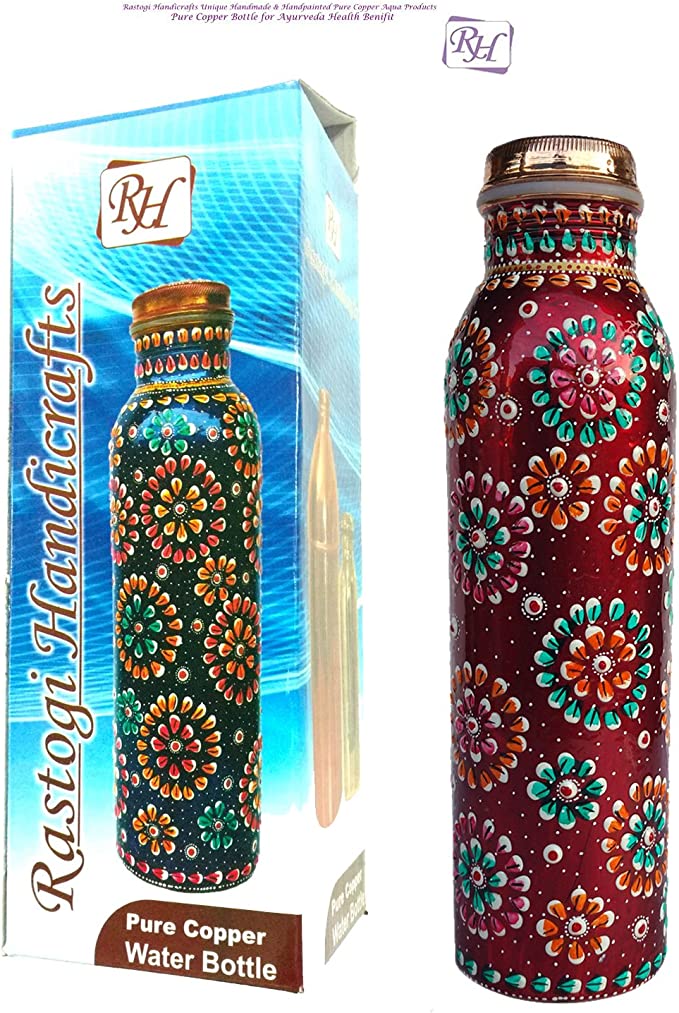Red Color Copper Bottle Hand Painted Capacity - 950 Ml/33 Oz For Water Storage