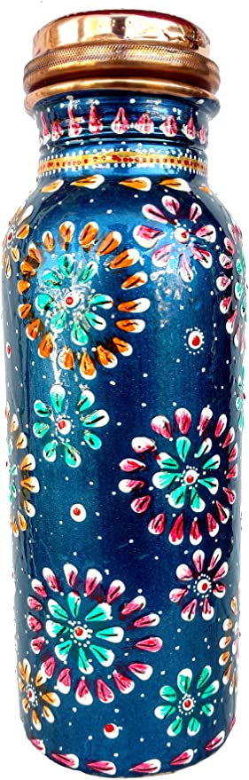 Hand Painted Pure Copper Bottle For Water Storage With Capacity 500 ml Turquoise Color Art Work