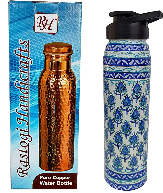 Hand Painted Blue Pure Solid Copper Water Bottle With Pottery Design
