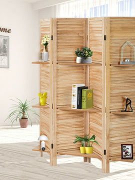 4 Panel Folding Room Divider Screen with 3 Display Shelves
