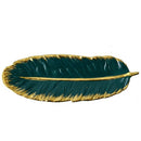 Green Leaf Design Ceramic Storage Tray With Gold Rim For Jewelry and Makeup, Brush Storage, As A Sushi Plate