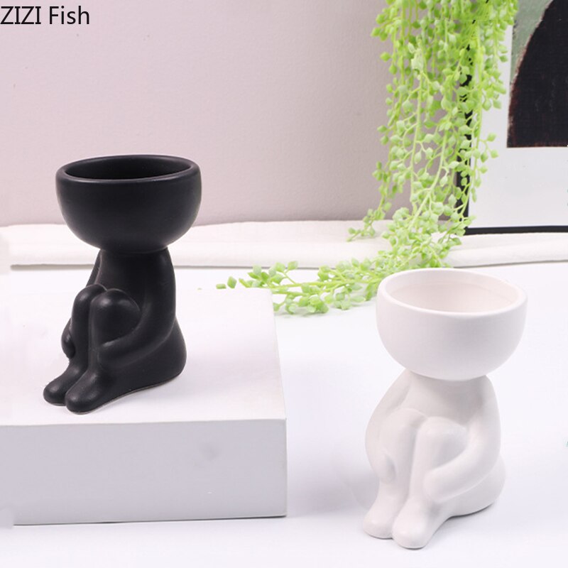 Little Man Statue Ceramic Vase In Black And White For Home Furnishings
