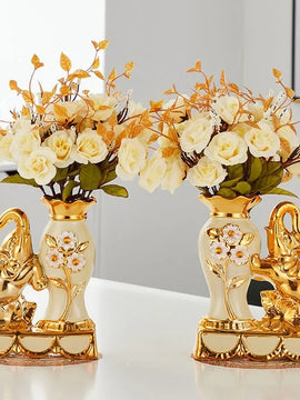 European Style Ceramic Golden Elephant Vase For Dining Table Home