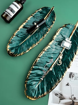 Green Leaf Design Ceramic Storage Tray With Gold Rim For Jewelry and Makeup, Brush Storage, As A Sushi Plate