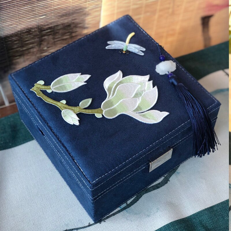 Floral Embroidery Square Jewelry Or Makeup Box With Lock For Dressing Table