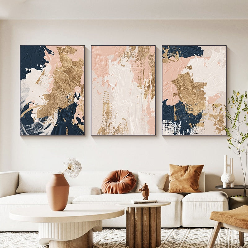 HD Nordic Abstract Wall Art Hand Oil Painting In Blue Pink Gold On Canvas
