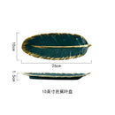 Green Leaf Design Ceramic Storage Tray With Gold Rim For Jewelry and Makeup, Brush Storage, As A Sushi Plate
