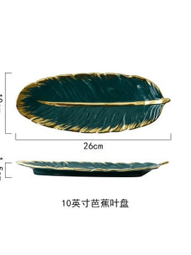 Green Leaf Design Ceramic Storage Tray With Gold Rim For Jewelry and Makeup, Brush Storage, As A Sushi Plate