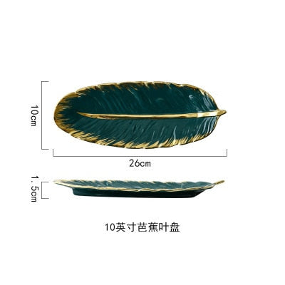 Green Leaf Design Ceramic Storage Tray With Gold Rim For Jewelry and Makeup, Brush Storage, As A Sushi Plate