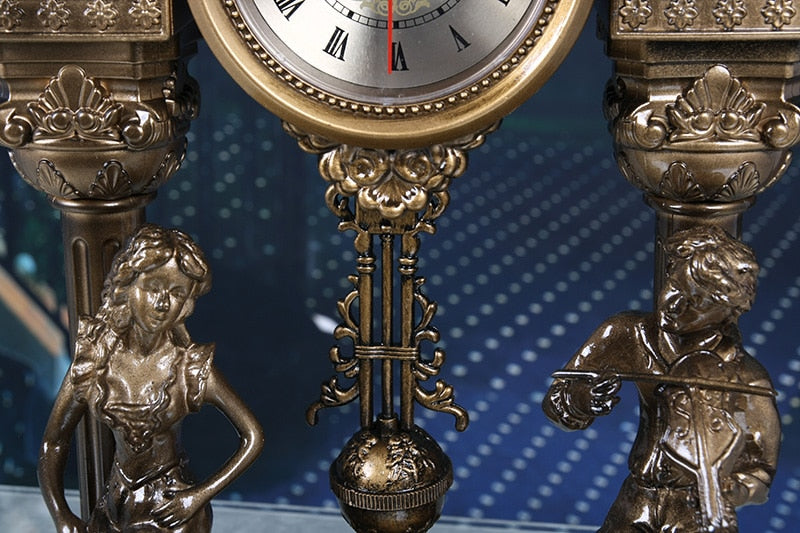 Vintage Golden Statue Musical Pendulum Table Clock Is A Pure Antique For Living-Room Decoration