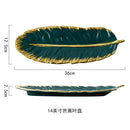 Green Leaf Design Ceramic Storage Tray With Gold Rim For Jewelry and Makeup, Brush Storage, As A Sushi Plate
