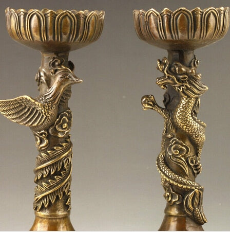 A Chinese Handmade Fine Dragon And Phoenix Bronze Candlestick To Burn That Flame