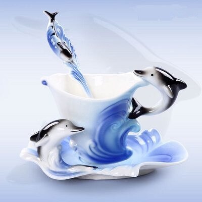 Dolphin Cup With Saucer Spoon Set 3D Creative Ceramics Coffee Tea Mugs Hot Breakfast Water Bottle Christmas Brithaday Gift