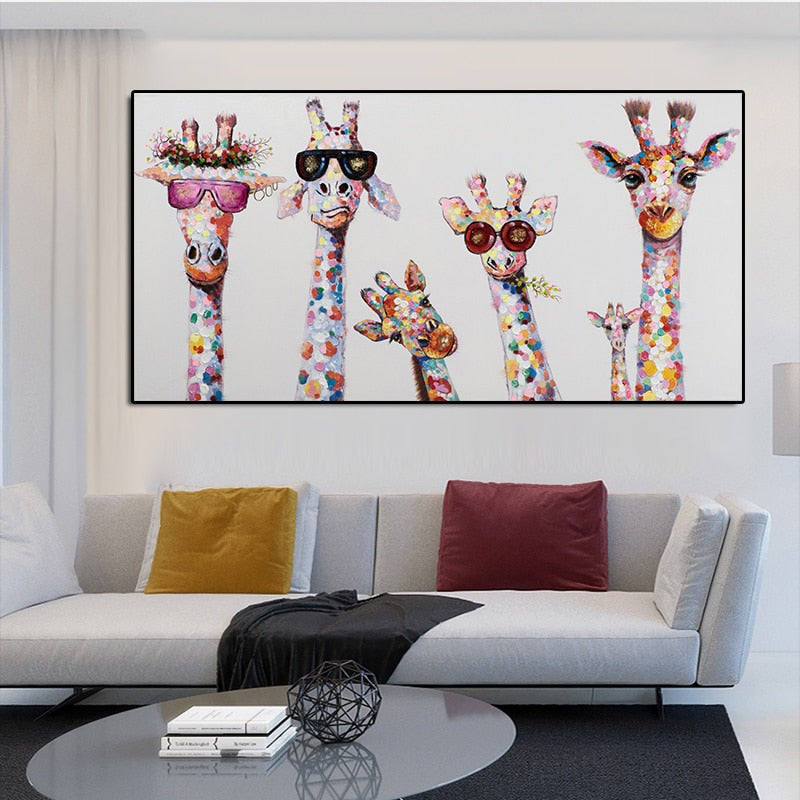 Graffiti Art Animal Canvas Painting Curious Giraffes Family Poster Prints Decorative Picture Graphic Artwork for Kids Room Decor