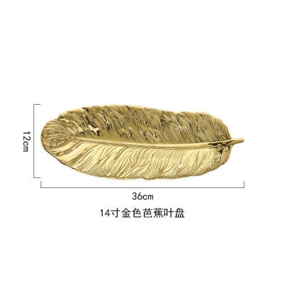 Green Leaf Design Ceramic Storage Tray With Gold Rim For Jewelry and Makeup, Brush Storage, As A Sushi Plate