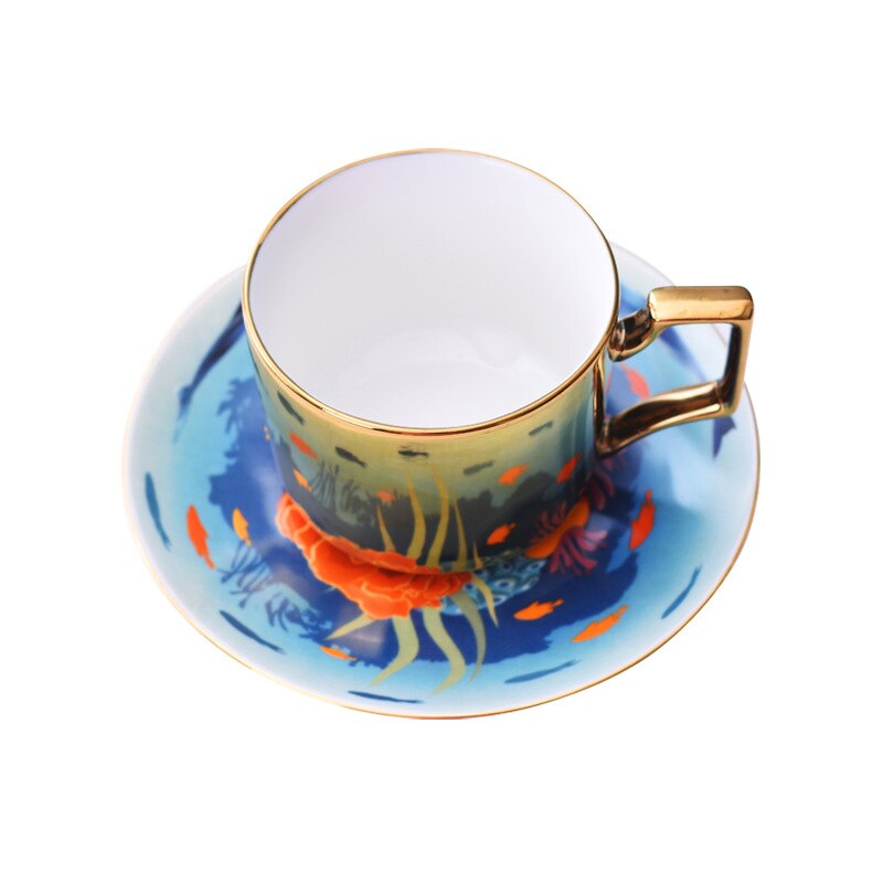 New Mirror Coffee Cup Specular Reflection Sea World Ceramic Cups And Saucers With Scoop Mediterranean Style Coffeeware