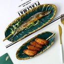 Green Leaf Design Ceramic Storage Tray With Gold Rim For Jewelry and Makeup, Brush Storage, As A Sushi Plate